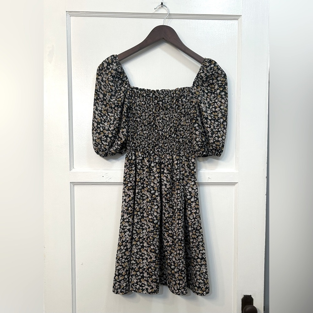 Smocked Floral Mini Dress Balloon Sleeves Size Large